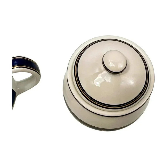 Tetley Tea Lot 2 Cream and Sugar Bowl White Blue Gold  Ceramic 1980s - Picture 6 of 9